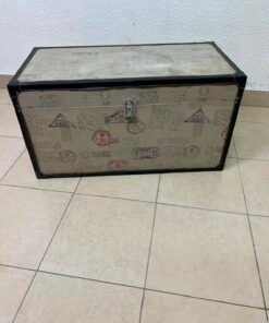 Vintage Travel Stamp Storage Trunk – Decorative Rectangular Chest with Black Trim & Silver Metal Latch