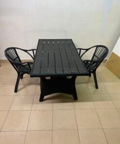 Modern Black 3-Piece Outdoor Dining Set – Rectangular Slatted Table & 2 Curved Wicker Armchairs for Patio, Garden & Balcony - Image 2