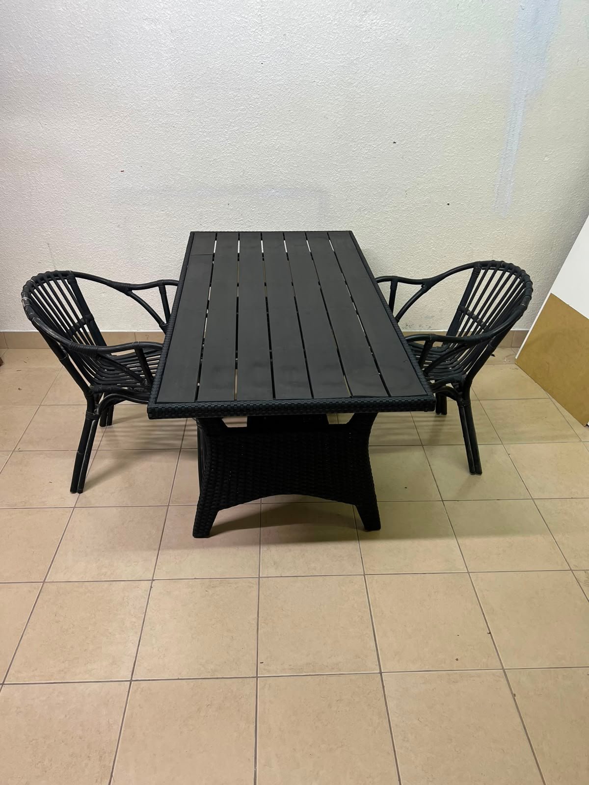 Modern Black 3-Piece Outdoor Dining Set – Rectangular Slatted Table & 2 Curved Wicker Armchairs for Patio, Garden & Balcony - Image 2