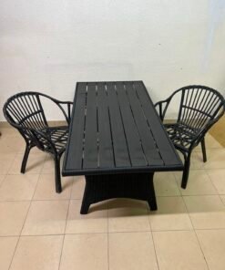 Modern Black 3-Piece Outdoor Dining Set – Rectangular Slatted Table & 2 Curved Wicker Armchairs for Patio, Garden & Balcony - Image 3