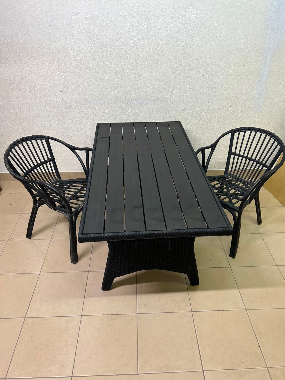Modern Black 3-Piece Outdoor Dining Set – Rectangular Slatted Table & 2 Curved Wicker Armchairs for Patio, Garden & Balcony - Image 3