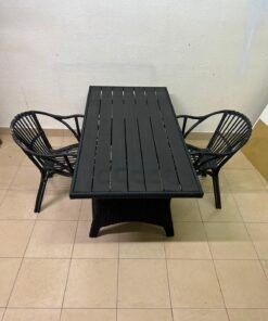 Modern Black 3-Piece Outdoor Dining Set – Rectangular Slatted Table & 2 Curved Wicker Armchairs for Patio, Garden & Balcony - Image 4