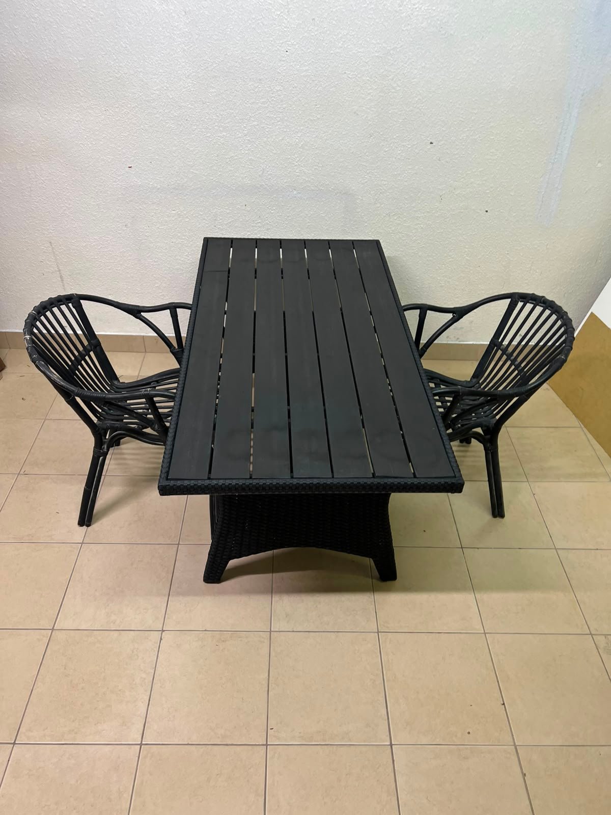 Modern Black 3-Piece Outdoor Dining Set – Rectangular Slatted Table & 2 Curved Wicker Armchairs for Patio, Garden & Balcony - Image 4