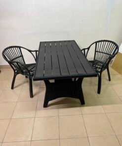 Modern Black 3-Piece Outdoor Dining Set – Rectangular Slatted Table & 2 Curved Wicker Armchairs for Patio, Garden & Balcony