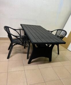 Modern Black 3-Piece Outdoor Dining Set – Rectangular Slatted Table & 2 Curved Wicker Armchairs for Patio, Garden & Balcony - Image 6
