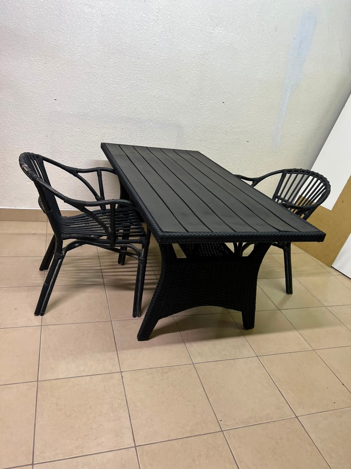 Modern Black 3-Piece Outdoor Dining Set – Rectangular Slatted Table & 2 Curved Wicker Armchairs for Patio, Garden & Balcony - Image 6