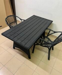 Modern Black 3-Piece Outdoor Dining Set – Rectangular Slatted Table & 2 Curved Wicker Armchairs for Patio, Garden & Balcony - Image 8