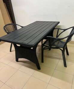Modern Black 3-Piece Outdoor Dining Set – Rectangular Slatted Table & 2 Curved Wicker Armchairs for Patio, Garden & Balcony - Image 7