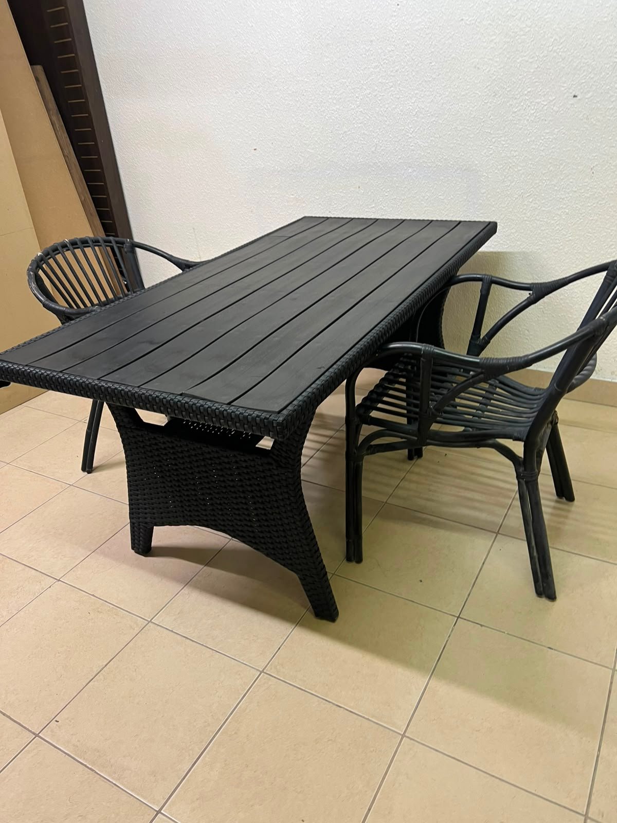 Modern Black 3-Piece Outdoor Dining Set – Rectangular Slatted Table & 2 Curved Wicker Armchairs for Patio, Garden & Balcony - Image 7