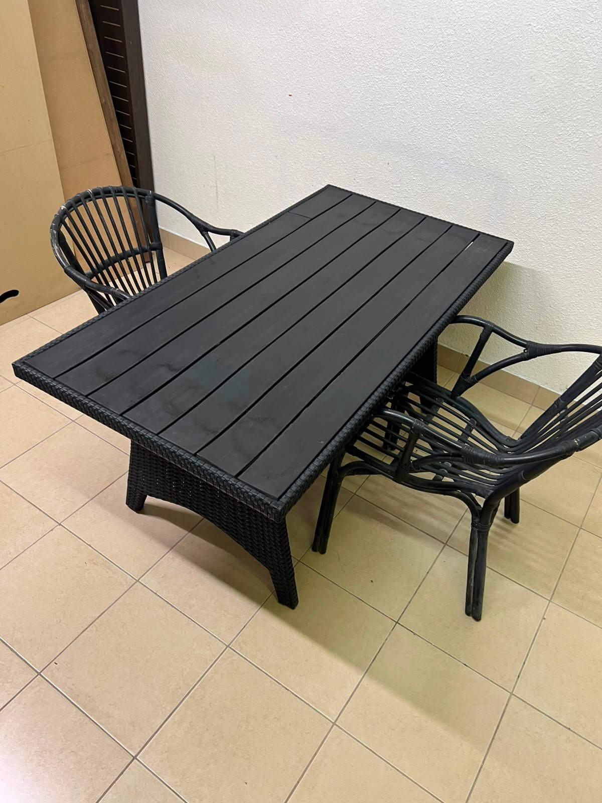 Modern Black 3-Piece Outdoor Dining Set – Rectangular Slatted Table & 2 Curved Wicker Armchairs for Patio, Garden & Balcony - Image 8