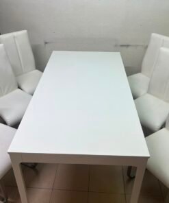 Modern 7-Piece White Dining Set – Rectangular Table & 6 High-Back Faux Leather Chairs with Chrome Sled Legs - Image 3
