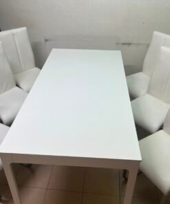 Modern 7-Piece White Dining Set – Rectangular Table & 6 High-Back Faux Leather Chairs with Chrome Sled Legs
