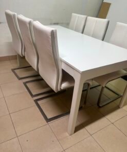 Modern 7-Piece White Dining Set – Rectangular Table & 6 High-Back Faux Leather Chairs with Chrome Sled Legs - Image 7