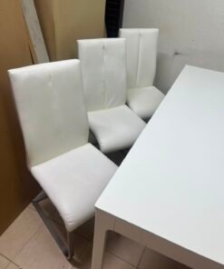 Modern 7-Piece White Dining Set – Rectangular Table & 6 High-Back Faux Leather Chairs with Chrome Sled Legs - Image 8
