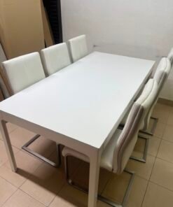 Modern 7-Piece White Dining Set – Rectangular Table & 6 High-Back Faux Leather Chairs with Chrome Sled Legs - Image 10