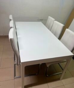 Modern 7-Piece White Dining Set – Rectangular Table & 6 High-Back Faux Leather Chairs with Chrome Sled Legs - Image 11