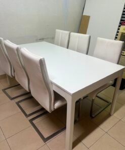Modern 7-Piece White Dining Set – Rectangular Table & 6 High-Back Faux Leather Chairs with Chrome Sled Legs - Image 12