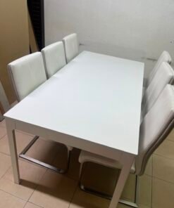 Modern 7-Piece White Dining Set – Rectangular Table & 6 High-Back Faux Leather Chairs with Chrome Sled Legs - Image 13