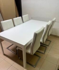 Modern 7-Piece White Dining Set – Rectangular Table & 6 High-Back Faux Leather Chairs with Chrome Sled Legs - Image 14