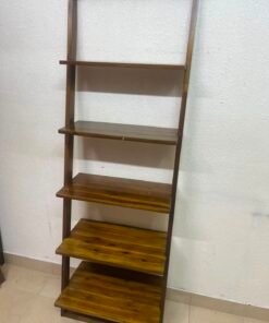 5-Tier Wooden Leaning Ladder Shelf / Bookshelf – Dark Brown Open Display Rack with Rustic Wood Grain Finish - Image 9