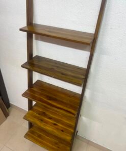 5-Tier Wooden Leaning Ladder Shelf / Bookshelf – Dark Brown Open Display Rack with Rustic Wood Grain Finish - Image 11