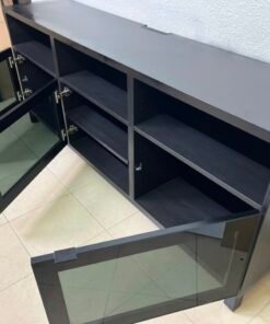 Modern Black Media Console / TV Stand with 3 Open Cubbies & 3 Gloss-Finish Cabinet Doors – Low-Profile Storage Unit with Adjustable Shelving - Image 2