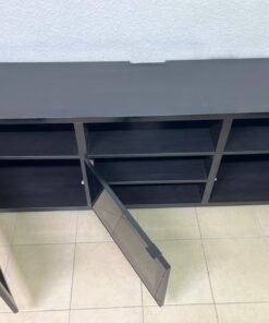 Modern Black Media Console / TV Stand with 3 Open Cubbies & 3 Gloss-Finish Cabinet Doors – Low-Profile Storage Unit with Adjustable Shelving - Image 3