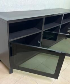 Modern Black Media Console / TV Stand with 3 Open Cubbies & 3 Gloss-Finish Cabinet Doors – Low-Profile Storage Unit with Adjustable Shelving - Image 4
