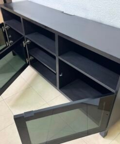Modern Black Media Console / TV Stand with 3 Open Cubbies & 3 Gloss-Finish Cabinet Doors – Low-Profile Storage Unit with Adjustable Shelving - Image 5