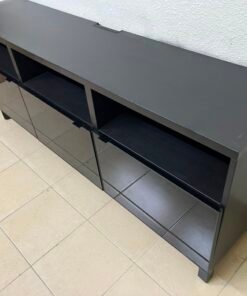 Modern Black Media Console / TV Stand with 3 Open Cubbies & 3 Gloss-Finish Cabinet Doors – Low-Profile Storage Unit with Adjustable Shelving - Image 6