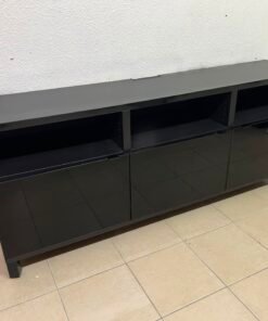 Modern Black Media Console / TV Stand with 3 Open Cubbies & 3 Gloss-Finish Cabinet Doors – Low-Profile Storage Unit with Adjustable Shelving - Image 7