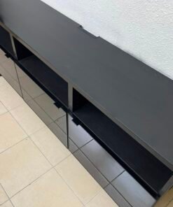Modern Black Media Console / TV Stand with 3 Open Cubbies & 3 Gloss-Finish Cabinet Doors – Low-Profile Storage Unit with Adjustable Shelving - Image 8