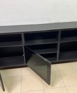 Modern Black Media Console / TV Stand with 3 Open Cubbies & 3 Gloss-Finish Cabinet Doors – Low-Profile Storage Unit with Adjustable Shelving - Image 9