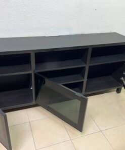 Modern Black Media Console / TV Stand with 3 Open Cubbies & 3 Gloss-Finish Cabinet Doors – Low-Profile Storage Unit with Adjustable Shelving - Image 10