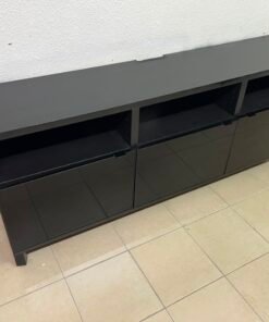 Modern Black Media Console / TV Stand with 3 Open Cubbies & 3 Gloss-Finish Cabinet Doors – Low-Profile Storage Unit with Adjustable Shelving - Image 11