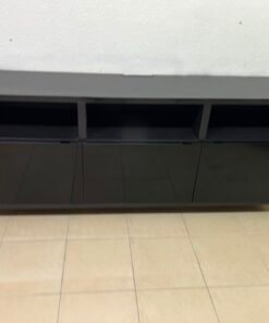 Modern Black Media Console / TV Stand with 3 Open Cubbies & 3 Gloss-Finish Cabinet Doors – Low-Profile Storage Unit with Adjustable Shelving - Image 12