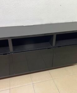 Modern Black Media Console / TV Stand with 3 Open Cubbies & 3 Gloss-Finish Cabinet Doors – Low-Profile Storage Unit with Adjustable Shelving - Image 13