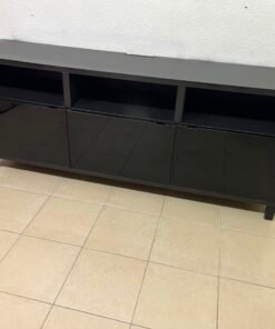 Modern Black Media Console / TV Stand with 3 Open Cubbies & 3 Gloss-Finish Cabinet Doors – Low-Profile Storage Unit with Adjustable Shelving - Image 14