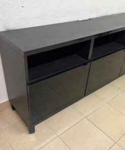 Modern Black Media Console / TV Stand with 3 Open Cubbies & 3 Gloss-Finish Cabinet Doors – Low-Profile Storage Unit with Adjustable Shelving - Image 15