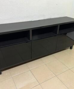 Modern Black Media Console / TV Stand with 3 Open Cubbies & 3 Gloss-Finish Cabinet Doors – Low-Profile Storage Unit with Adjustable Shelving - Image 16