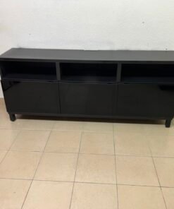 Modern Black Media Console / TV Stand with 3 Open Cubbies & 3 Gloss-Finish Cabinet Doors – Low-Profile Storage Unit with Adjustable Shelving