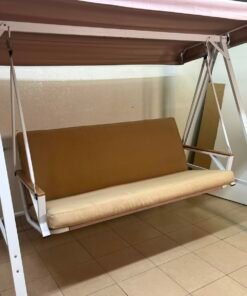 Indoor/Outdoor 2-Seater Swing Chair with Stand – White Metal A-Frame, Overhead Canopy, Beige Cushions & Wooden Armrests - Image 2