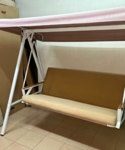 Indoor/Outdoor 2-Seater Swing Chair with Stand – White Metal A-Frame, Overhead Canopy, Beige Cushions & Wooden Armrests - Image 4