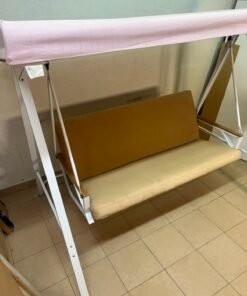 Indoor/Outdoor 2-Seater Swing Chair with Stand – White Metal A-Frame, Overhead Canopy, Beige Cushions & Wooden Armrests - Image 6
