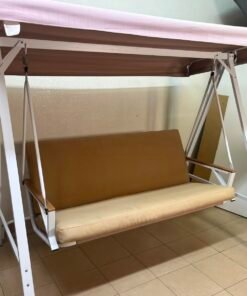 Indoor/Outdoor 2-Seater Swing Chair with Stand – White Metal A-Frame, Overhead Canopy, Beige Cushions & Wooden Armrests - Image 7