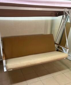 Indoor/Outdoor 2-Seater Swing Chair with Stand – White Metal A-Frame, Overhead Canopy, Beige Cushions & Wooden Armrests - Image 10