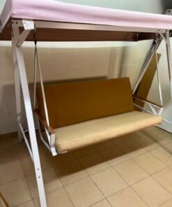 Indoor/Outdoor 2-Seater Swing Chair with Stand – White Metal A-Frame, Overhead Canopy, Beige Cushions & Wooden Armrests