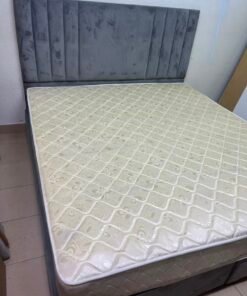 Complete Upholstered Grey Bed Set – Vertical Channel-Tufted Headboard, Cream Quilted Mattress & Matching Dark Grey Divan Base - Image 3