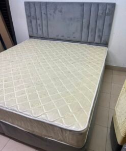 Complete Upholstered Grey Bed Set – Vertical Channel-Tufted Headboard, Cream Quilted Mattress & Matching Dark Grey Divan Base - Image 9