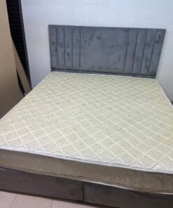 Complete Upholstered Grey Bed Set – Vertical Channel-Tufted Headboard, Cream Quilted Mattress & Matching Dark Grey Divan Base